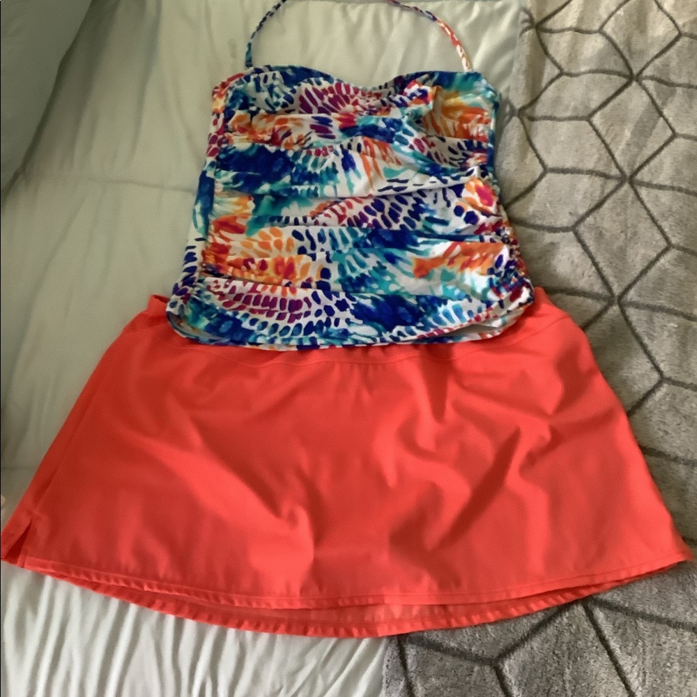 JANTZEN bikini bottom skirted NWOT (12) coral top is LaBlanca (10) multi…